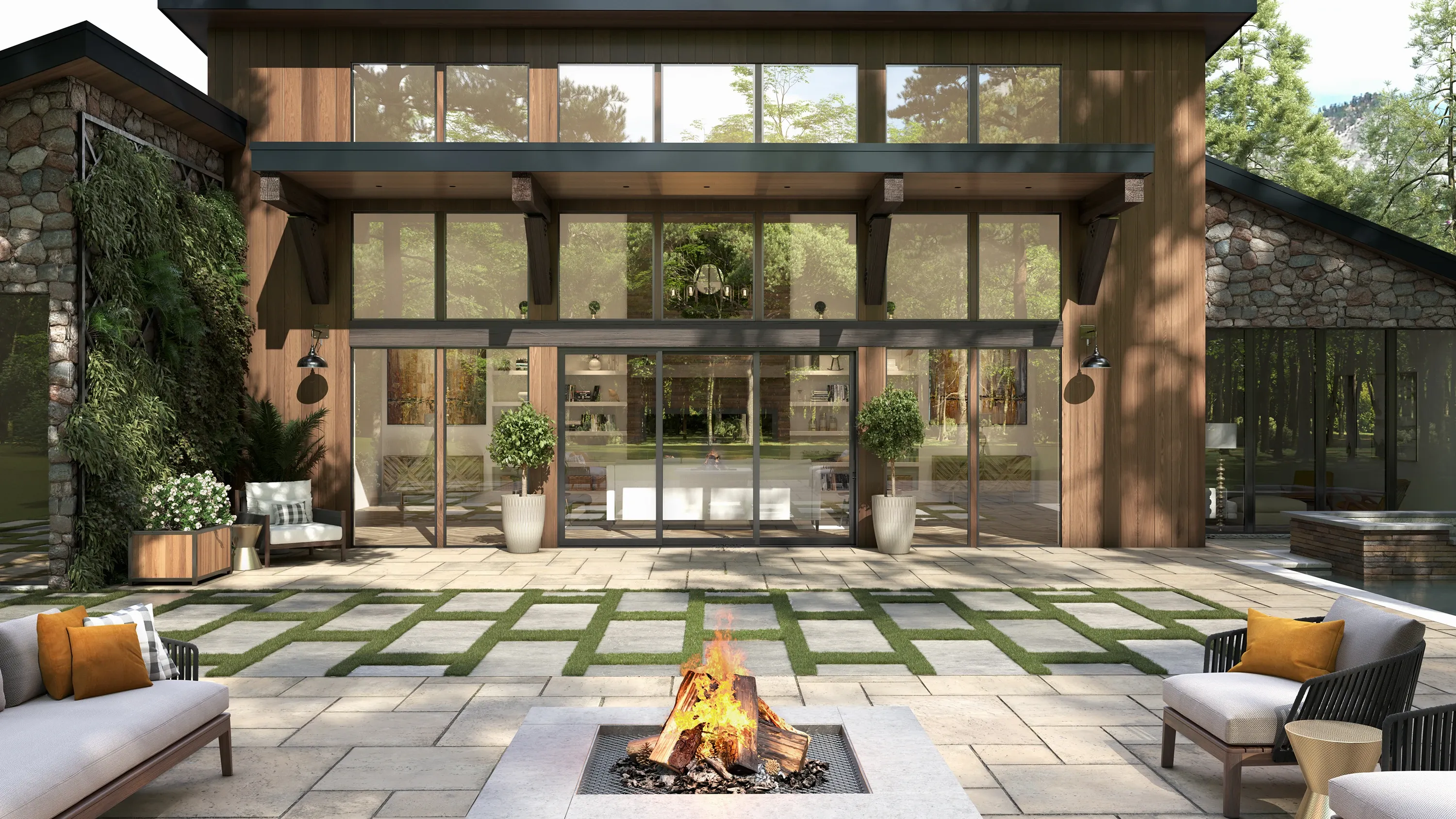 Modern lakeside cabin with a stone patio and fire pit